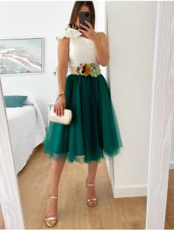 Falda de tul midi VERDE BOSQUE varias capas