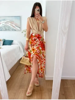 Falda estampada flores asimétrica tonos beige y naranjas Bali (BCC)