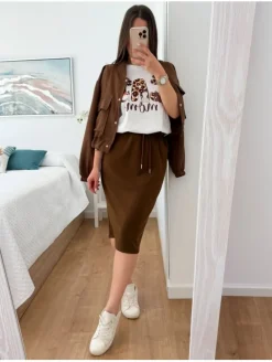 Falda midi MARRÓN algodón Solange (V07)