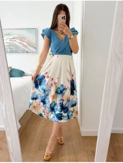 Falda tablas midi BLANCO estampado flores AZULES  (BMC)