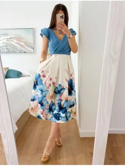 Falda tablas midi BLANCO estampado flores AZULES  (BMC)