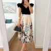 Falda tablas midi marfil estampado flores aguamar (DDTX)