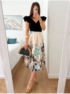 Falda tablas midi marfil estampado flores aguamar (DDTX)
