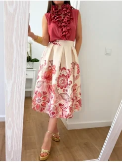 Falda tablas midi marfil estampado flores CORAL