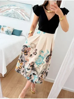 Falda tablas midi marfil estampado flores aguamar (DDTX)