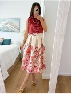 Falda tablas midi marfil estampado flores CORAL