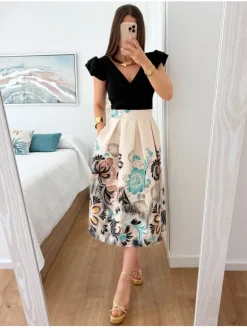 Falda tablas midi marfil estampado flores aguamar (DDTX)