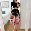 Falda tablas midi NEGRA estampado flores ROSAS  (BMC)