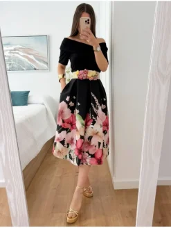 Falda tablas midi NEGRA estampado flores ROSAS (BMC)