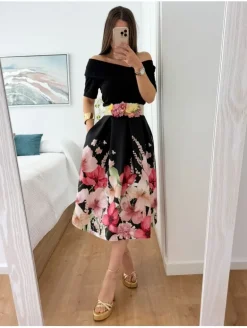 Falda tablas midi NEGRA estampado flores ROSAS  (BMC)