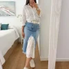 Falda vaquera combinada abertura delantera y trasera con blanco tela perforada (V10)