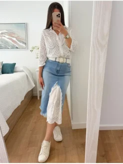 Falda vaquera combinada abertura delantera y trasera con blanco tela perforada (V10)