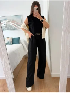 Pantalón ancho NEGRO cinturón incluido Shopper (V02)