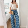 Pantalón fluido AZUL hojas con cinturón rafia (V36)