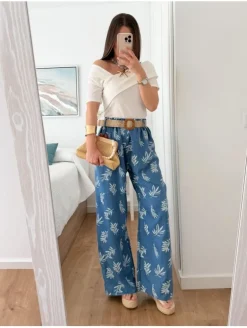 Pantalón fluido AZUL hojas con cinturón rafia (V36)