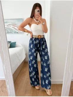 Pantalón fluido AZUL OSCURO hojas con cinturón rafia (V36)