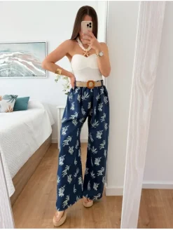 Pantalón fluido AZUL OSCURO hojas con cinturón rafia (V36)