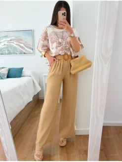 Pantalón fluido TOSDADO con cinturón rafia Royal 1609  (V36)