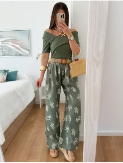 Pantalón fluido VERDE KAKI hojas con cinturón rafia (V36)