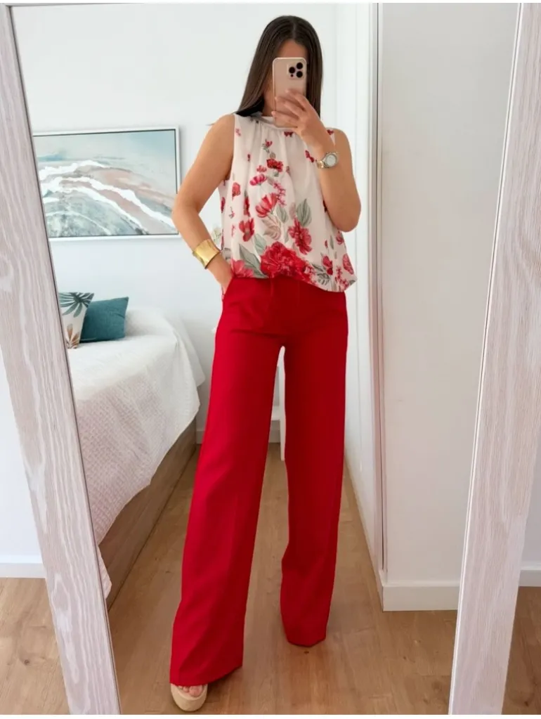 Pantalón largo ancho fluido rojo Glacè (L37)