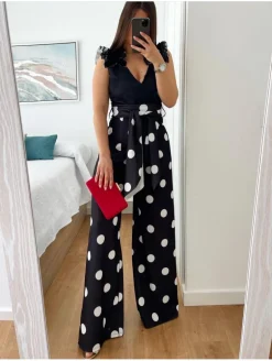 Pantalón NEGRO palazzo lunares blancos Sevilla (V10)