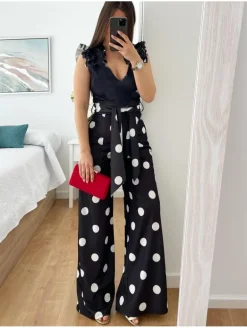 Pantalón NEGRO palazzo lunares blancos Sevilla (V10)