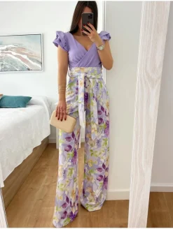 Pantalón palazzo MALVA talle alto FLORES VERDES y CREMA Napoli (V10)