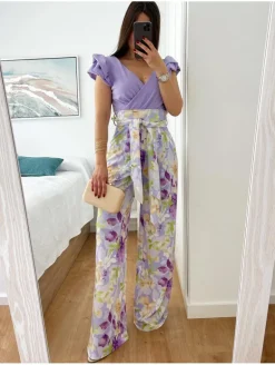 Pantalón palazzo MALVA talle alto FLORES VERDES y CREMA Napoli (V10)