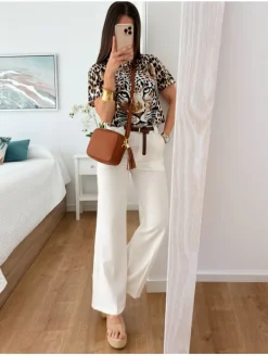 Pantalón pinza blanco cinturón marrón Classic 2655 (V05)