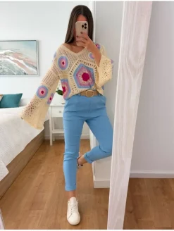 Pantalón tela AZUL cinturón hebilla dorada Doris 9792 (V07)