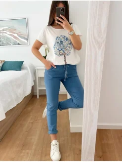 Pantalón tono AZUL VAQUERO efecto arrugado Maika (V04)
