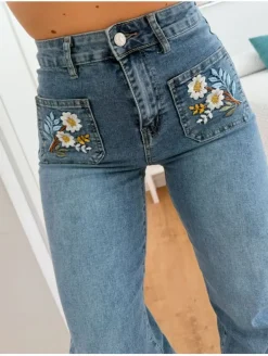 Pantalón vaquero flores bordadas bolsillos H4510-N (V09)