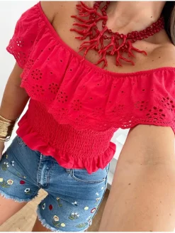 Top ROJO escote barca troqueladito Elsa (V36)