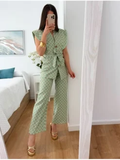 Traje pantalón geometrico Verde&Rosa Indigo (D18)