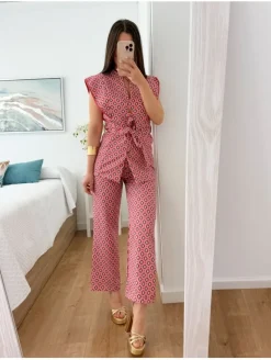 Traje pantalón geometrico Coral&Azul Indigo (D18)