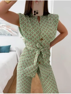 Traje pantalón geometrico Verde&Rosa Indigo (D18)