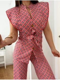 Traje pantalón geometrico Coral&Azul Indigo (D18)