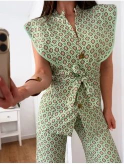 Traje pantalón geometrico Verde&Rosa Indigo (D18)