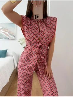 Traje pantalón geometrico Coral&Azul Indigo (D18)
