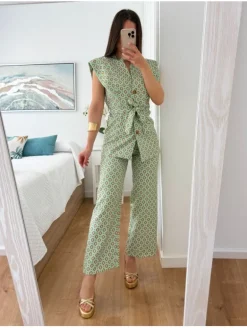 Traje pantalón geometrico Verde&Rosa Indigo (D18)