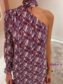 Vestido asimétrico  pinceladas pañuelo cuello Vega (M18)