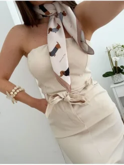 Vestido BEIGE midi palabra de honor elástico Boston (V07)