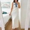 Vestido BLANCO largo canale detalles denim botones dorados Jazmín (V09)