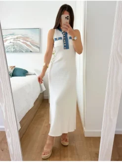 Vestido BLANCO largo canale detalles denim botones dorados Jazmín (V09)