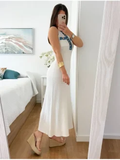 Vestido BLANCO largo canale detalles denim botones dorados Jazmín (V09)