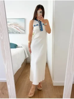 Vestido BLANCO largo canale detalles denim botones dorados Jazmín (V09)