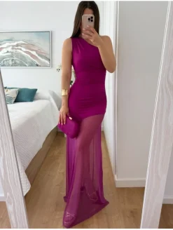 Vestido BUGANVILLA elástico asimétrico gasa larga tul Bell (M17)