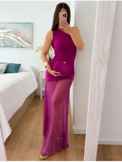 Vestido BUGANVILLA elástico asimétrico gasa larga tul Bell (M17)