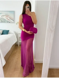 Vestido BUGANVILLA elástico asimétrico gasa larga tul Bell (M17)