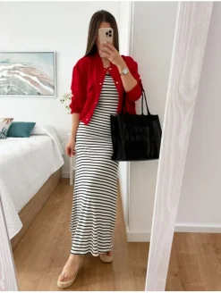 Vestido canale rayas blanco y negro ribete negro Anna (D33)